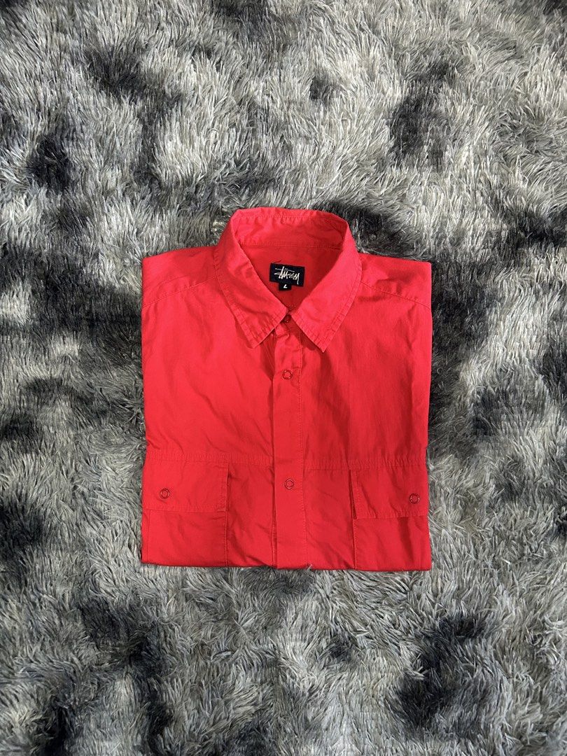 Navy tag 90s Stussy snap button work shirt red (Category: Tshirts & Polo Shirts ) located in Iloilo. Submitted by lowesdrift (Listing ID 1463134413, Image 1). Description: Dimes 24 x 29.