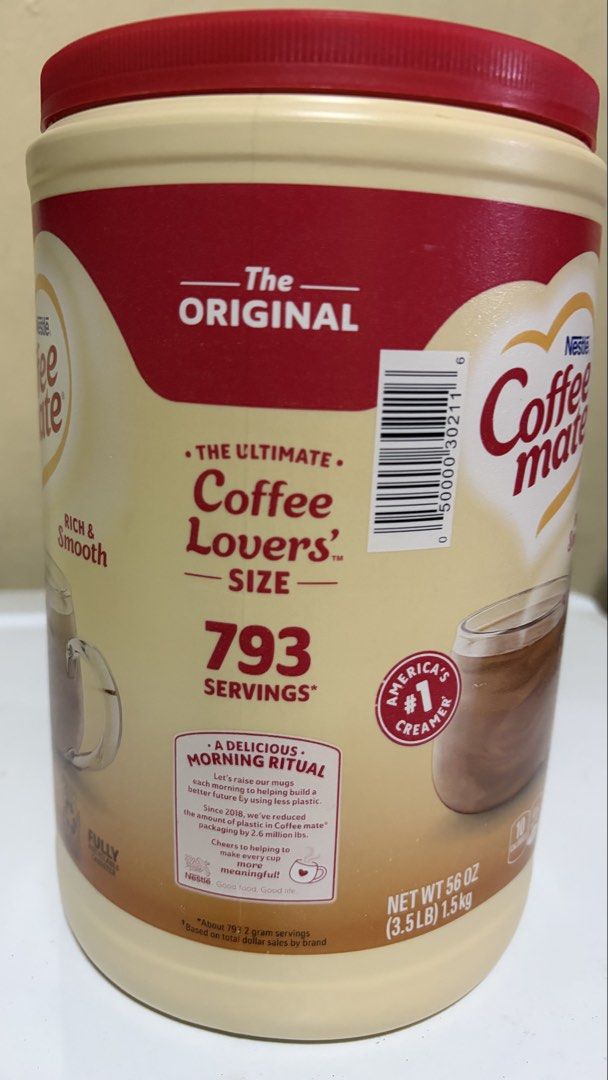 Nestle Coffee mate (Category: Other Food & Drinks) located in Manila. Submitted by lizziedear.lizziedear (Listing ID 1463148359, Image 2). Description: - Original Coffee mate creamer - Large 56 oz container - 793 servings (ultimate size!) - Net Weight: 56 Oz - 3.5 Lb/1.5 Kg - Rich and smooth taste - Expiry Date: May 25, 2028 - America's #1 creamer - Perfect for your morning coffee ritual - Direct from USA🇺🇸.
