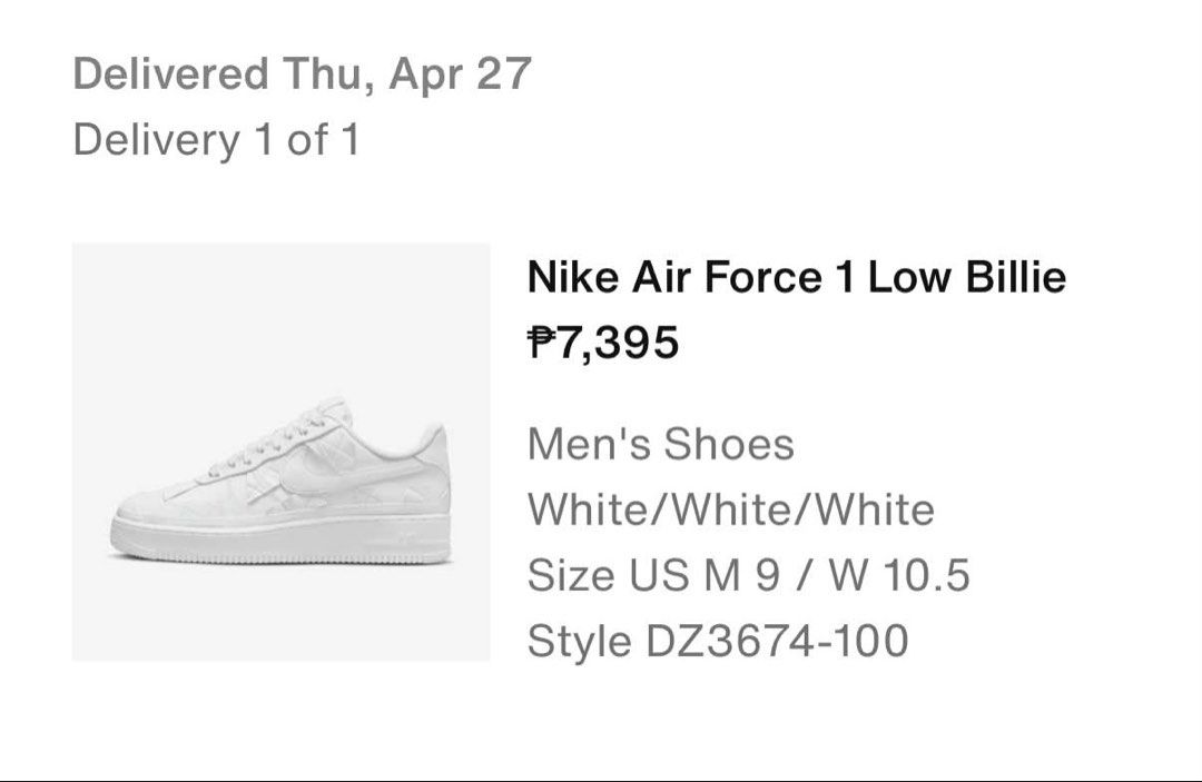 Nike Air Force 1 Low Billie Eilish White (Category: Sneakers) located in Manila. Submitted by arlytungol68264 (Listing ID 1463298260, Image 2). Description: - White Nike Air Force 1 Low Billie sneakers - Men's Size: US M 9 / Women's Size: US W 10.5 - Style Code: DZ3674-100 - Unique quilted detailing on the upper - Comfortable cork insole with distinct Billie branding - Classic and clean all-white colorway.