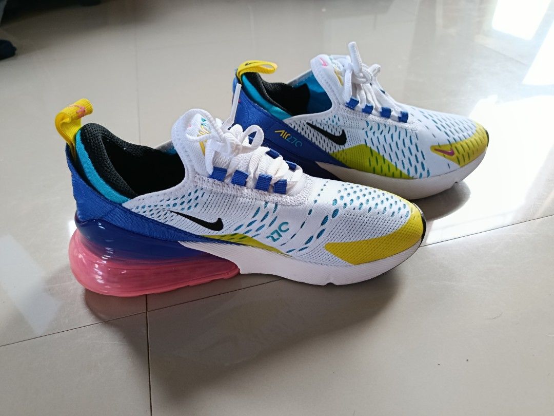 Nike Air Max 270 'Hyper Royal Pink Spell' (Category: Sneakers) located in Santa Fe. Submitted by thrift_shopph (Listing ID 1463170726, Image 3). Description: Nike Air Max 270 'Hyper Royal Pink Spell' white, yellow, and blue Nike Air Max 270 sneakers Size US 5Y - UK 4.5 - EU 37.5 TAWAD lang !!!.