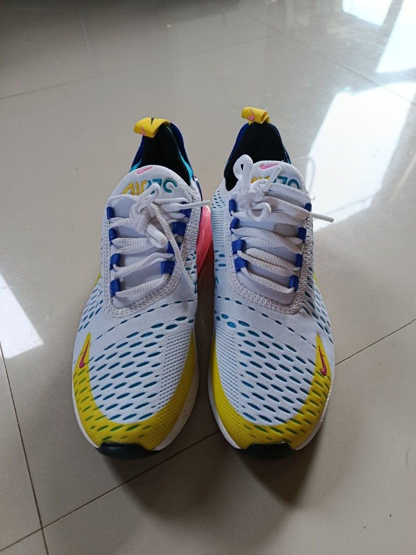 Nike Air Max 270 'Hyper Royal Pink Spell' (Category: Sneakers) located in Santa Fe. Submitted by thrift_shopph (Listing ID 1463170726, Image 1). Description: Nike Air Max 270 'Hyper Royal Pink Spell' white, yellow, and blue Nike Air Max 270 sneakers Size US 5Y - UK 4.5 - EU 37.5 TAWAD lang !!!.