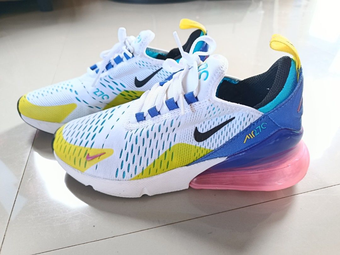 Nike Air Max 270 'Hyper Royal Pink Spell' (Category: Sneakers) located in Santa Fe. Submitted by thrift_shopph (Listing ID 1463170726, Image 2). Description: Nike Air Max 270 'Hyper Royal Pink Spell' white, yellow, and blue Nike Air Max 270 sneakers Size US 5Y - UK 4.5 - EU 37.5 TAWAD lang !!!.