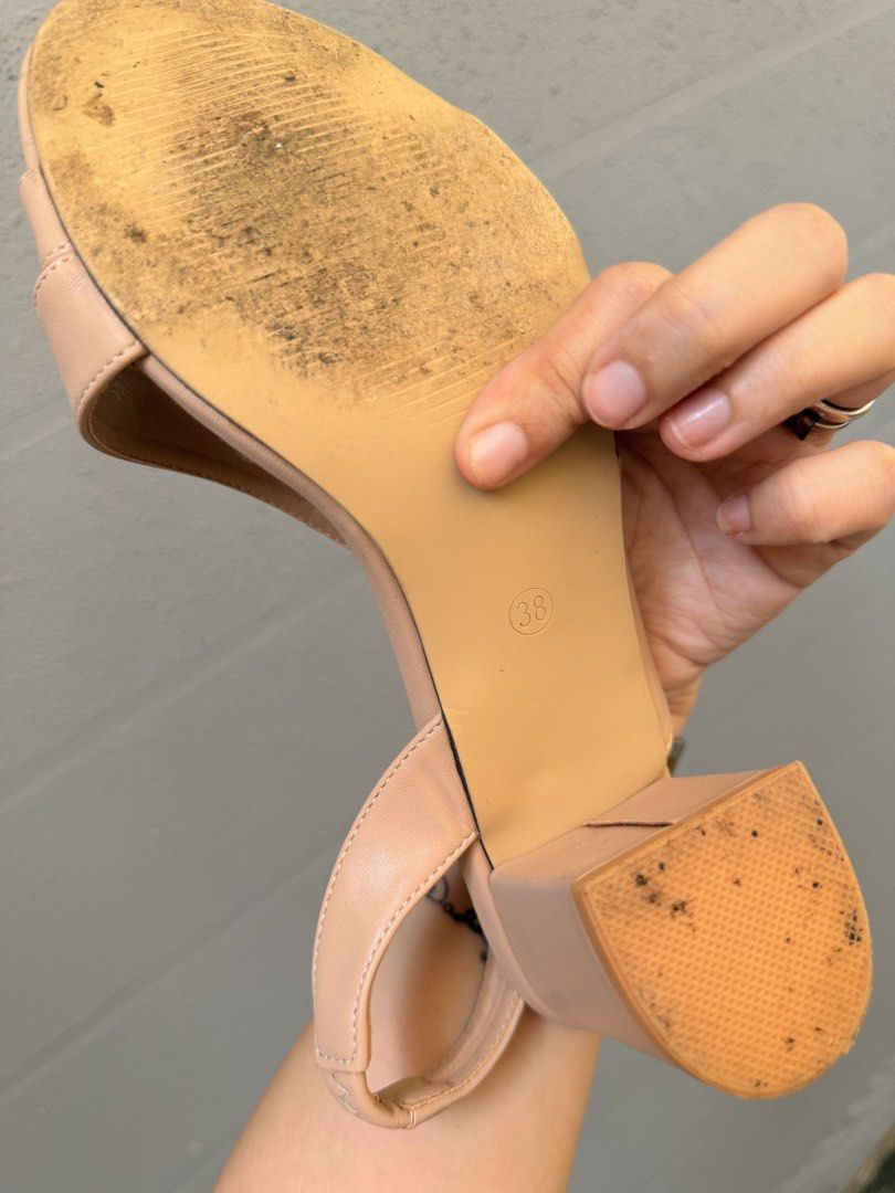 Nude Slingback Block Heels Size 38 (Category: Heels) located in Santa Rosa. Submitted by hello2ndhandlove (Listing ID 1463145717, Image 3). Description: - Nude slingback heels - Block heel - Strappy front design - Elastic strap at the back for a secure fit - Size: 38 - Condition: Lightly worn, some dirt on soles - Perfect for dressing up or down Super comfy used once Rfs: i ordered 2 very similar designs.