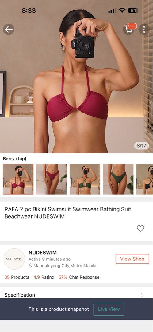 NUDESWIM Top (Category: Bikinis & Swimsuits) located in Paranaque City. Submitted by corinne_see (Listing ID 1463123380, Image 1). Description: - NUDESWIM RAFA 2 pc bikini set - Color: Berry - Style: Halter neck with tie closure - Includes matching bottoms - Ideal for beach or pool days - Location: Mandaluyong City, Metro Manila.