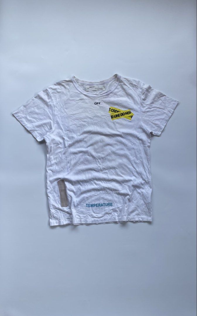 off white fire tape tee (Category: Tshirts & Polo Shirts ) located in General Mariano Alvarez. Submitted by savenlester (Listing ID 1463165207, Image 2). Description: Off white fire tape tee ◾W - 21 ◾L - 29 ◾Good condition ◾Color rate 9/10 .