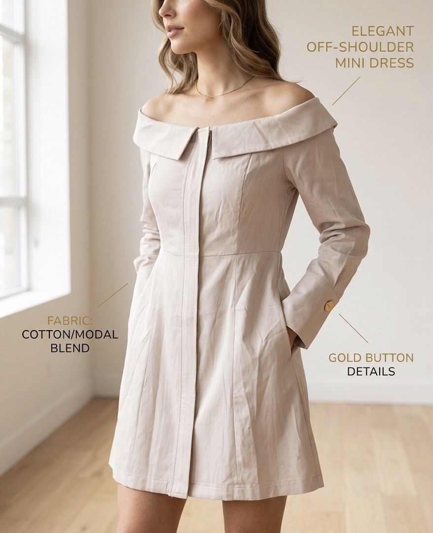 Off-Shoulder Mini Dress beigep (Category: Longsleeves) located in Manila. Submitted by hannaming (Listing ID 1463269017, Image 1). Description: Brand new with no tags. Supposed to use for wedding as a guest. Fits S-M.