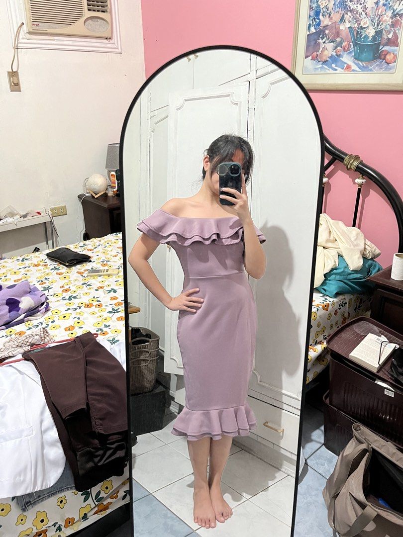Off-shoulder Ruffle Midi Dress (Category: Dresses) located in Mabalacat. Submitted by byjenica (Listing ID 1463237496, Image 2). Description: - Never been worn! -Lilac off-shoulder midi dress - Features ruffle details on neckline and hem - Fitted silhouette - Comfortable fabric - Fits true to size - Ideal for events or a night out.