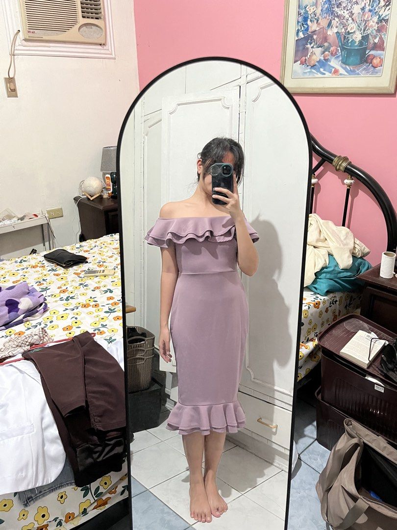 Off-shoulder Ruffle Midi Dress (Category: Dresses) located in Mabalacat. Submitted by byjenica (Listing ID 1463237496, Image 1). Description: - Never been worn! -Lilac off-shoulder midi dress - Features ruffle details on neckline and hem - Fitted silhouette - Comfortable fabric - Fits true to size - Ideal for events or a night out.