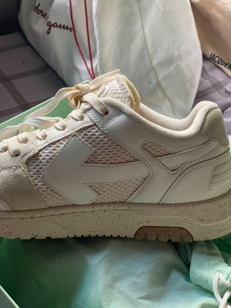 Off-White Low Top Sneakers Cream (Category: Sneakers) located in Manila. Submitted by jdenzel1110 (Listing ID 1463146926, Image 2). Description: - Brand: Off-White - Style: Cream Low Top Sneakers - Materials: Leather and Mesh Upper - Features: Unique speckled sole - Inclusions: Original box and dust bag - Ideal for: Everyday wear The condition is good pm me for more info and better negotiation educate me about pricing if mine is overpriced if you