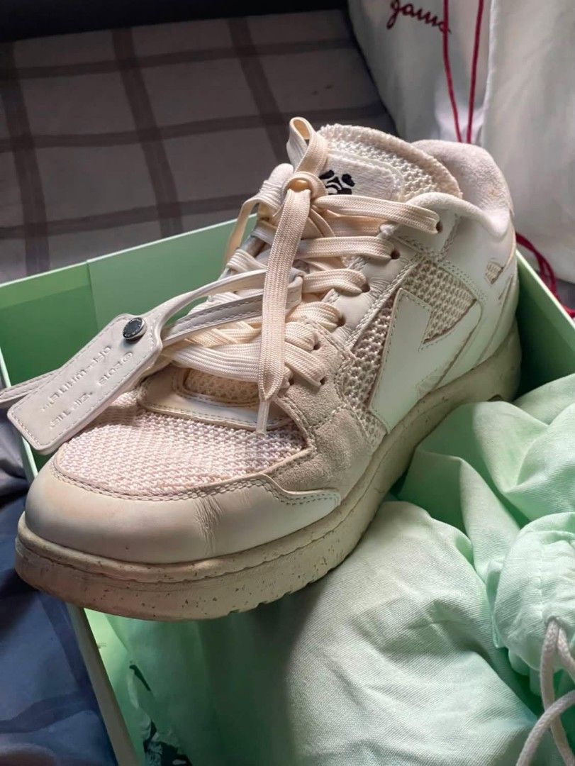 Off-White Low Top Sneakers Cream (Category: Sneakers) located in Manila. Submitted by jdenzel1110 (Listing ID 1463146926, Image 1). Description: - Brand: Off-White - Style: Cream Low Top Sneakers - Materials: Leather and Mesh Upper - Features: Unique speckled sole - Inclusions: Original box and dust bag - Ideal for: Everyday wear The condition is good pm me for more info and better negotiation educate me about pricing if mine is overpriced if you