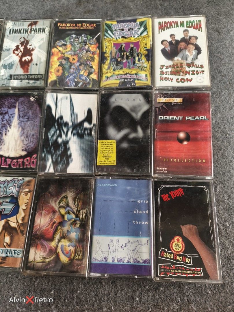 OPM cassette tapes (Original) (Category: CDs & DVDs) located in Manila. Submitted by alvinretro (Listing ID 1463126737, Image 3). Description: the DAWN puno't dulo P850 pinoy bato, pinoy Rock 90s P750 parokya. jingle balls P600 parokya. khangkhun P600 parokya. buruguduys P600 linkin park P850 dirty rap P850 pryzm P300 the Youth P750 sandwich P800 rivermaya P750 rivermaya atomic bomb P750 francis m. P650 bonehead P800 southborder P650 oriental pea
