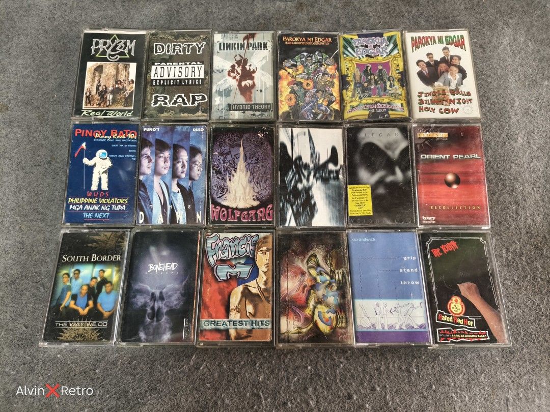OPM cassette tapes (Original) (Category: CDs & DVDs) located in Manila. Submitted by alvinretro (Listing ID 1463126737, Image 1). Description: the DAWN puno't dulo P850 pinoy bato, pinoy Rock 90s P750 parokya. jingle balls P600 parokya. khangkhun P600 parokya. buruguduys P600 linkin park P850 dirty rap P850 pryzm P300 the Youth P750 sandwich P800 rivermaya P750 rivermaya atomic bomb P750 francis m. P650 bonehead P800 southborder P650 oriental pea
