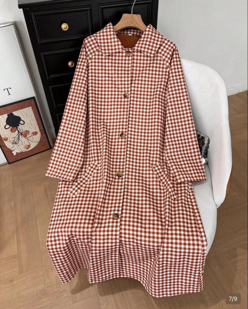 Orange Gingham Coat (Category: Coats, Jackets and Outerwear) located in Quezon City. Submitted by PrelovedTreasureees (Listing ID 1463201624, Image 3). Description: - Bought off of Sh**n for 1,526 - Size large, refer to the 5th photo for size details - Used one (literally just one day) - Thin, usual quality of stuff from Sh**n - Good color and print - First 3 photos are from the listing, 4th photo is of me wearing it .