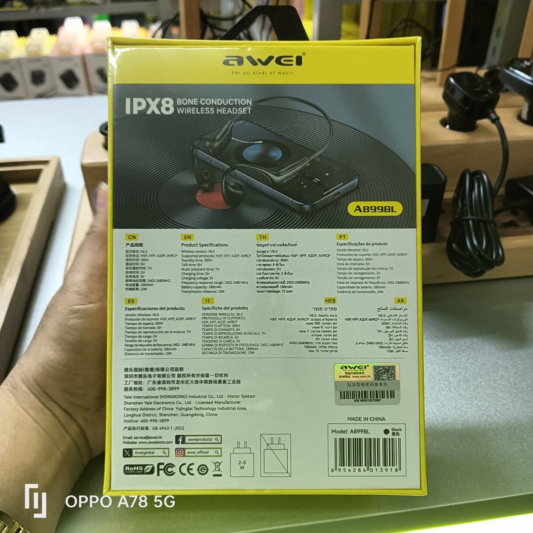 Original Awei IPX8 Bone Conduction Wireless Headset A899BL (Category: Headphones & Headsets) located in Manila. Submitted by iliasjen3082126 (Listing ID 1463278241, Image 2). Description: - Awei A899BL Wireless Bone Conduction Headphones - Color: Black - IPX8 Waterproof Rating: Ideal for swimming and underwater use - Non-In-Ear Design: Comfortable and secure fit - Built-in 8GB Memory: Store and play music directly - Wireless Connectivity.