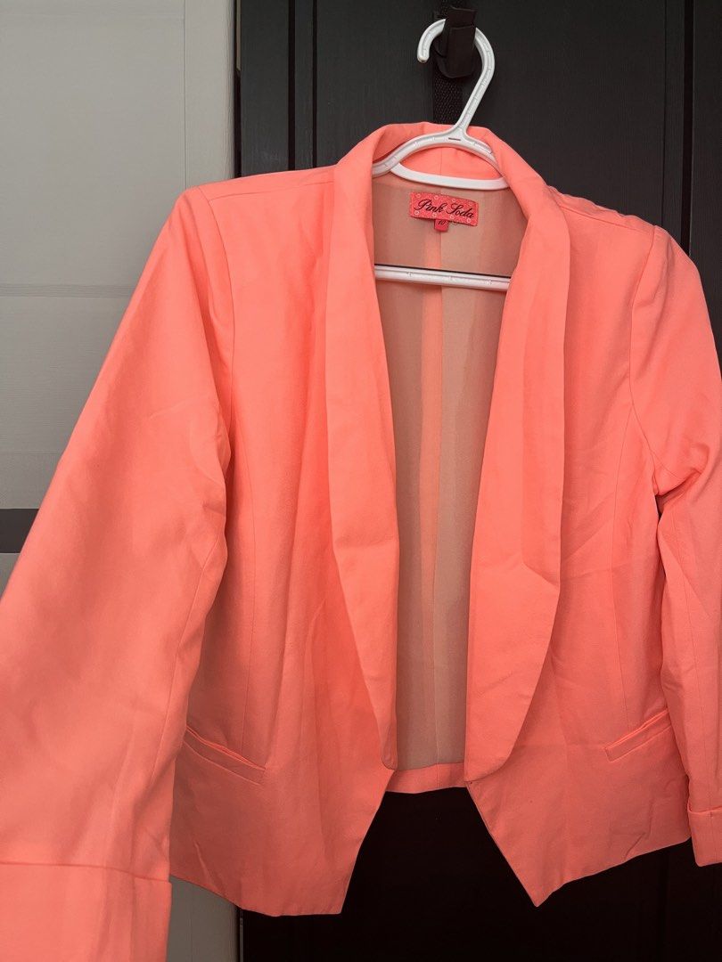 Pink Soda Neon Coral Coat (Category: Coats, Jackets and Outerwear) located in Manila. Submitted by hannaming (Listing ID 1463260133, Image 2). Description: Size: S-M Color: Coral Pink Material: Polyester 3/4 Sleeves.