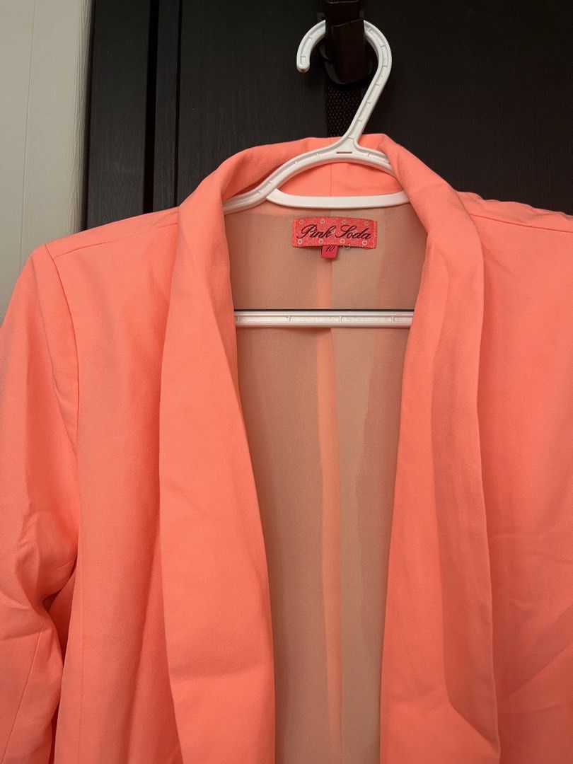 Pink Soda Neon Coral Coat (Category: Coats, Jackets and Outerwear) located in Manila. Submitted by hannaming (Listing ID 1463260133, Image 3). Description: Size: S-M Color: Coral Pink Material: Polyester 3/4 Sleeves.