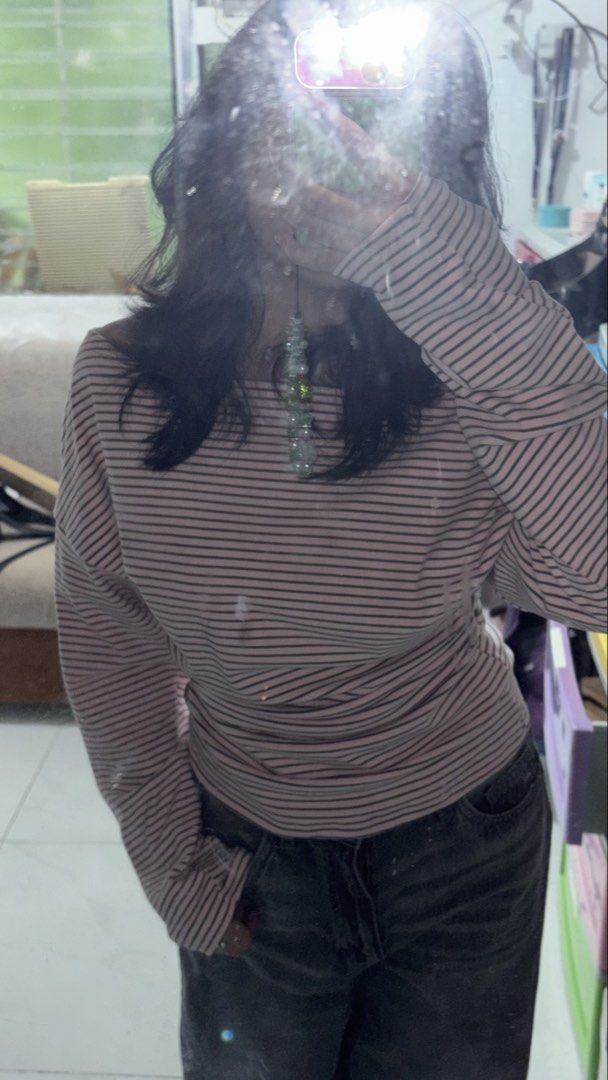 Pink Striped Asymmetrical Shoulder Long Sleeves Top (Category: Longsleeves) located in Manila. Submitted by jzahpreloved (Listing ID 1463224794, Image 2). Description: Used once.