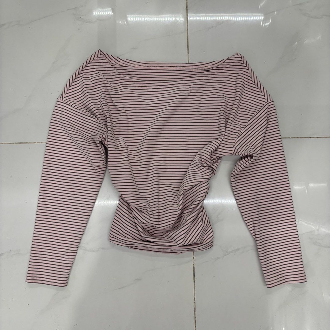 Pink Striped Asymmetrical Shoulder Long Sleeves Top (Category: Longsleeves) located in Manila. Submitted by jzahpreloved (Listing ID 1463224794, Image 1). Description: Used once.