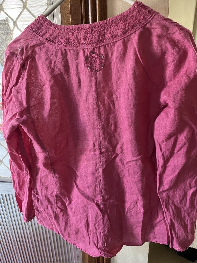 Pink top (Category: Others Tops) located in Bacoor. Submitted by ayit. (Listing ID 1463182304, Image 3). Description: Med-“large fit - Brand: Zara Woman - Color: Pink - Size: Medium (EU 38 / UK 10 / US 6) - Material: 100% Linen - Features: Embroidered neckline, tie-front detail - Condition: Great - Perfect for casual wear and warm weather.