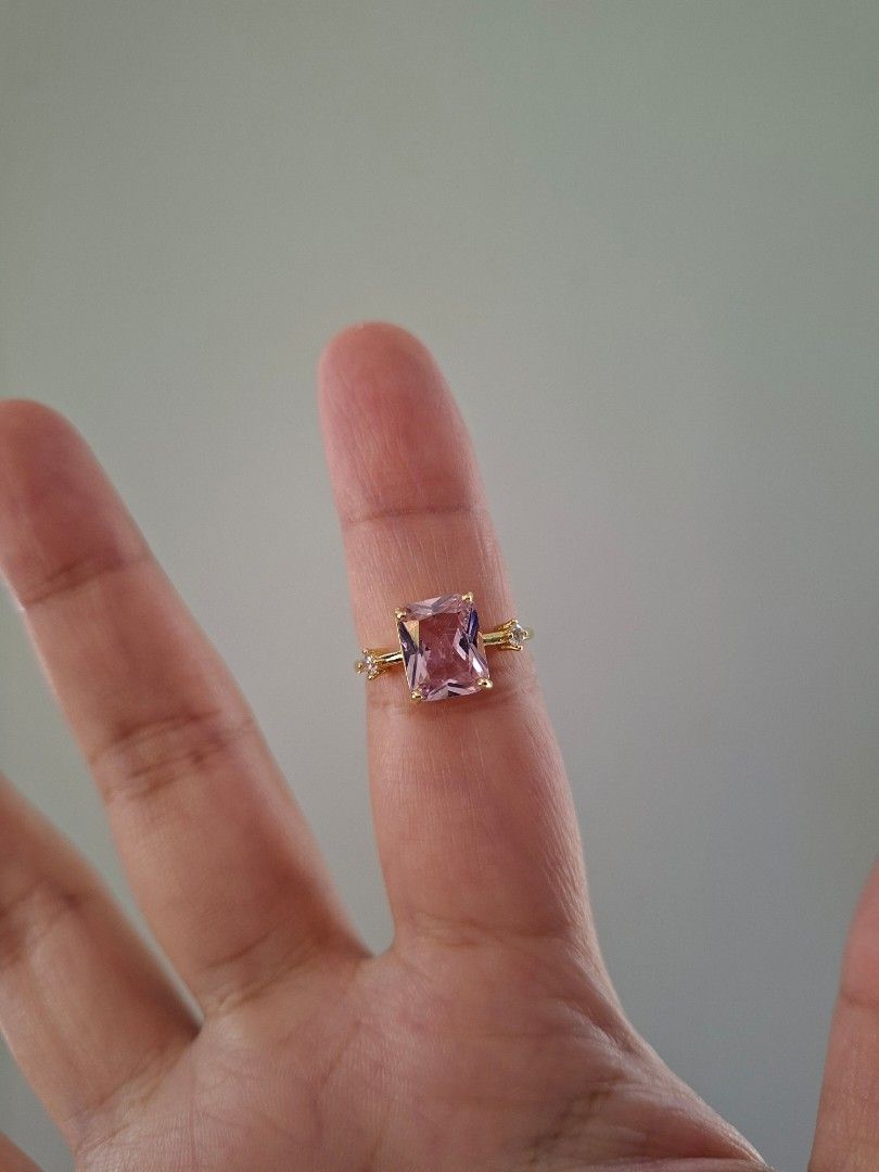 Pink Tourmaline Stone Rectangular Cut Adjustable Gold Ring (Category: Rings) located in Dasmarinas. Submitted by danabrie22 (Listing ID 1463326522, Image 2). Description: adjustable size 5 - 9 very well-made, excellent crafstmanship 10/10 condition brand new stainless steel & pink tourmaline-colored cubic zirconia stones made in Hongkong.