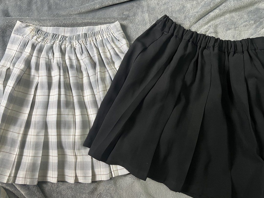 Pleated Skirts - Plaid & Black (Category: Skirts) located in Santa Cruz. Submitted by hinatacouture (Listing ID 1463161895, Image 2). Description: Two pleated skirts: grey plaid and solid black. Both have elastic waistbands. Also stretchable!.