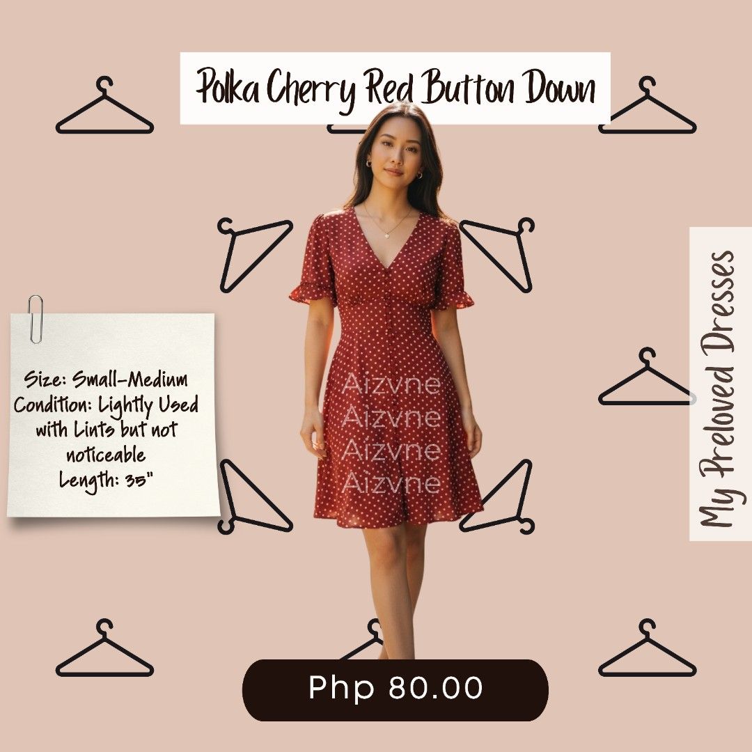Polka Cherry Red Button Down Dress (Category: Dresses) located in Antipolo. Submitted by aizvne_ (Listing ID 1463324833, Image 2). Description: With minimal lint but not noticeable. RFS: Needs to declutter to make room for my baby's items..