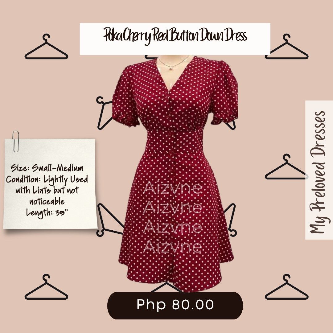 Polka Cherry Red Button Down Dress (Category: Dresses) located in Antipolo. Submitted by aizvne_ (Listing ID 1463324833, Image 1). Description: With minimal lint but not noticeable. RFS: Needs to declutter to make room for my baby's items..