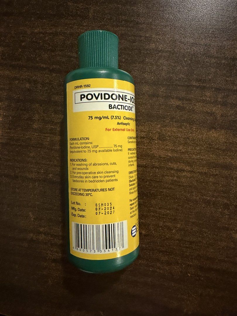 Povidone-Iodine Bacticide Antiseptic Solution 7.5% (Category: Medical Supplies & Tools) located in Quezon City. Submitted by eleventwelveph (Listing ID 1463258999, Image 1). Description: - Povidone-Iodine Bacticide Solution - 75 mg/mL (7.5%) - For cleansing cuts, abrasions, and wounds - Pre-operative skin cleansing - Everyday care to prevent bedsores - Store below 30°C - Expiry Date: July 2027.