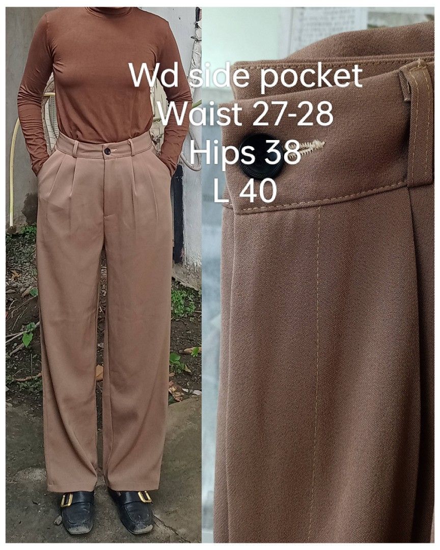 Premium chic brown Highwaist trouser (Category: Other Bottoms) located in Davao. Submitted by kannikasok1987 (Listing ID 1463129710, Image 1). Description: Wd side pocket Waist 27-28 Hips 38 L 40 mall quality.