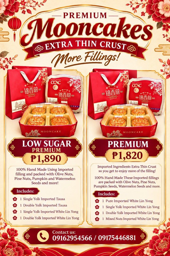 Premium Mooncakes (Category: Other Food & Drinks) located in Quezon City. Submitted by getitonline (Listing ID 1463147592, Image 1). Description: - Premium 100% handmade mooncakes - Extra thin crust with generous filling - Available in Low Sugar or Classic Premium - Made with imported ingredients - Perfect for Mid-Autumn Festival gifting or personal enjoyment - Contact us to place your order!.