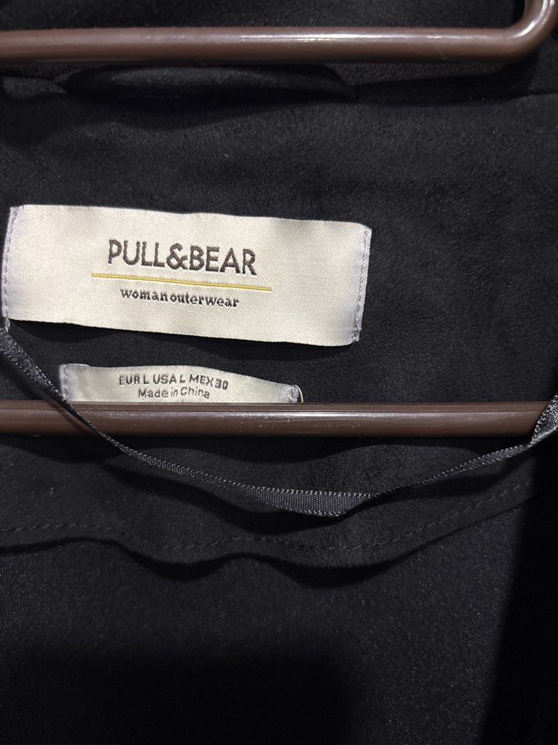 Pull & Bear Black Suede Open Front Jacket (Category: Coats, Jackets and Outerwear) located in Mandaluyong City. Submitted by clothescarousel (Listing ID 1463260455, Image 2). Description: - Black suede-like jacket from Pull & Bear - Open front style with lapels - Cuffed sleeves - Two front pockets - Ideal for layering over any outfit - Made in China.