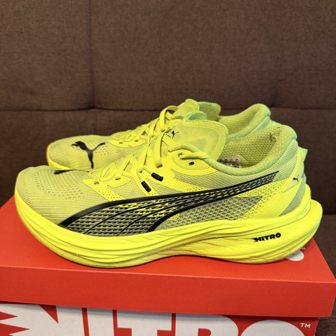 Puma Deviate NITRO 3 (Category: Sneakers) located in Pasay City. Submitted by joshwhacker (Listing ID 1463190957, Image 3). Description: - Brand: Puma - Model: NITRO - Color: Bright Neon Yellow - Ideal for: Road running, track and hybrid workouts, HYROX - Features: Lightweight, responsive cushioning - Condition: New, comes with original box - Issue: Minor sole sep in right pair (as seen in pics).