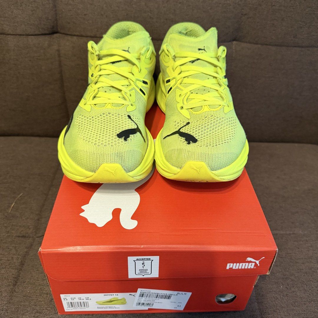 Puma Deviate NITRO 3 (Category: Sneakers) located in Pasay City. Submitted by joshwhacker (Listing ID 1463190957, Image 2). Description: - Brand: Puma - Model: NITRO - Color: Bright Neon Yellow - Ideal for: Road running, track and hybrid workouts, HYROX - Features: Lightweight, responsive cushioning - Condition: New, comes with original box - Issue: Minor sole sep in right pair (as seen in pics).