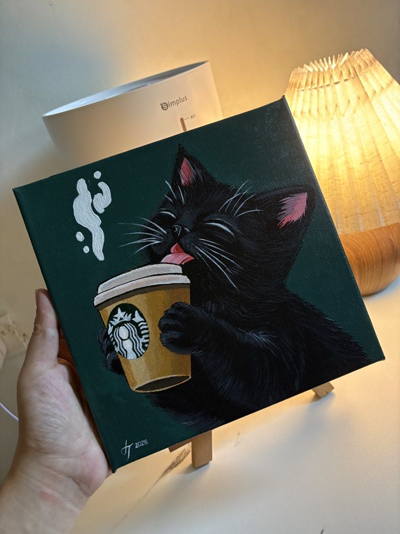 Purrfectly brewed (Category: Art & Prints) located in Manila. Submitted by artbyjane (Listing ID 1463268550, Image 2). Description: Acrylic on stretch Canvas 20x20cm | Gloss varnish Handmade original painting.