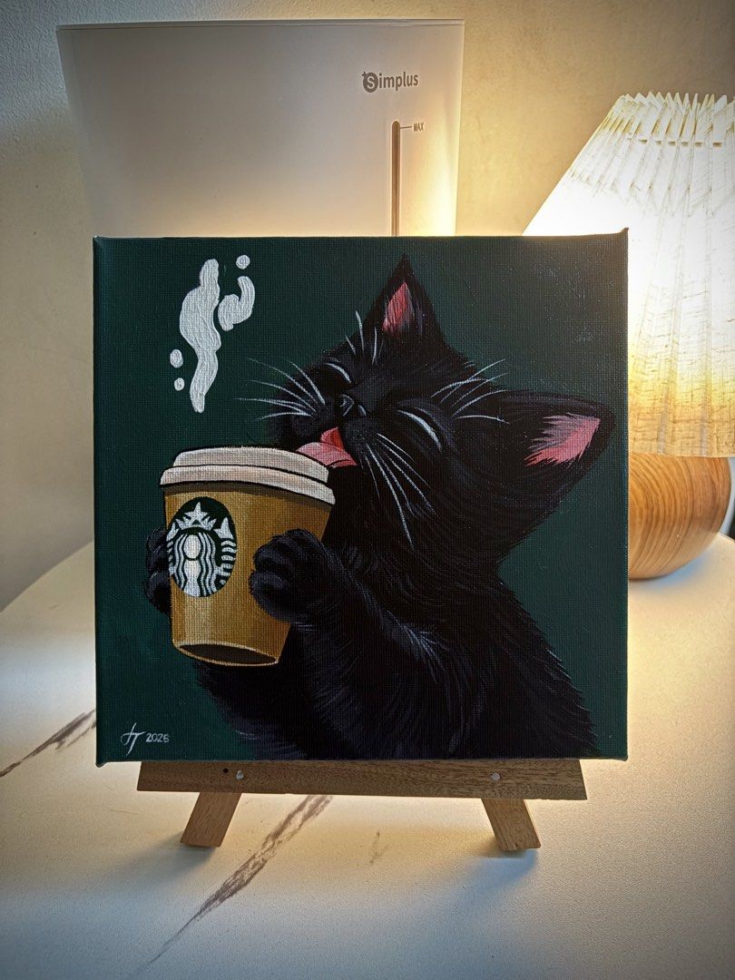 Purrfectly brewed (Category: Art & Prints) located in Manila. Submitted by artbyjane (Listing ID 1463268550, Image 1). Description: Acrylic on stretch Canvas 20x20cm | Gloss varnish Handmade original painting.