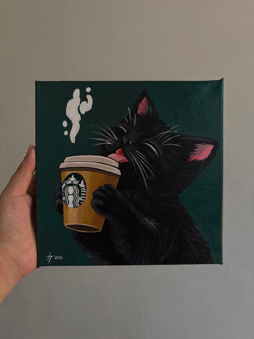 Purrfectly brewed (Category: Art & Prints) located in Manila. Submitted by artbyjane (Listing ID 1463268550, Image 3). Description: Acrylic on stretch Canvas 20x20cm | Gloss varnish Handmade original painting.
