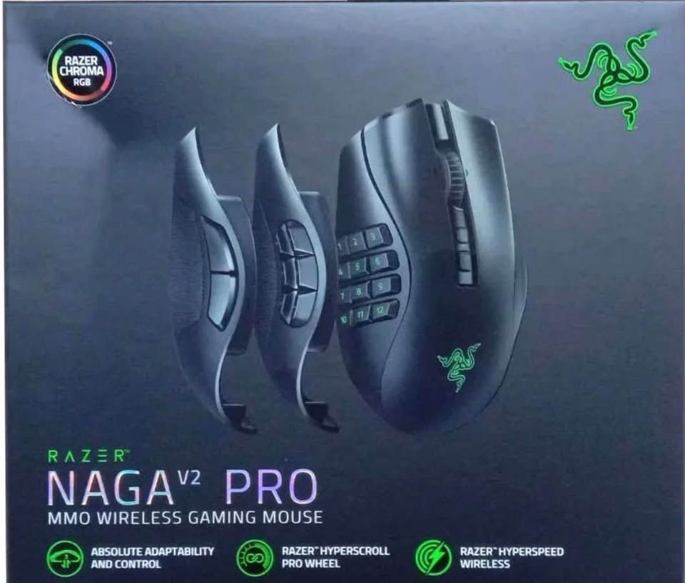 Razer Naga v2 PRO MMO wireless Gaming Mouse (Category: Computer Keyboard) located in Pasig City. Submitted by riri0102 (Listing ID 1463173198, Image 3). Description: Used - like new Modular, multi-genre wireless gaming mouse featuring three swappable magnetic side plates with 12, 6, and 2-button configurations for up to 22 programmable controls Swappable Side Plates: Includes 12-button (MMO), 6-button (MOBA/Battle Royale), and 2-button (FPS) thum