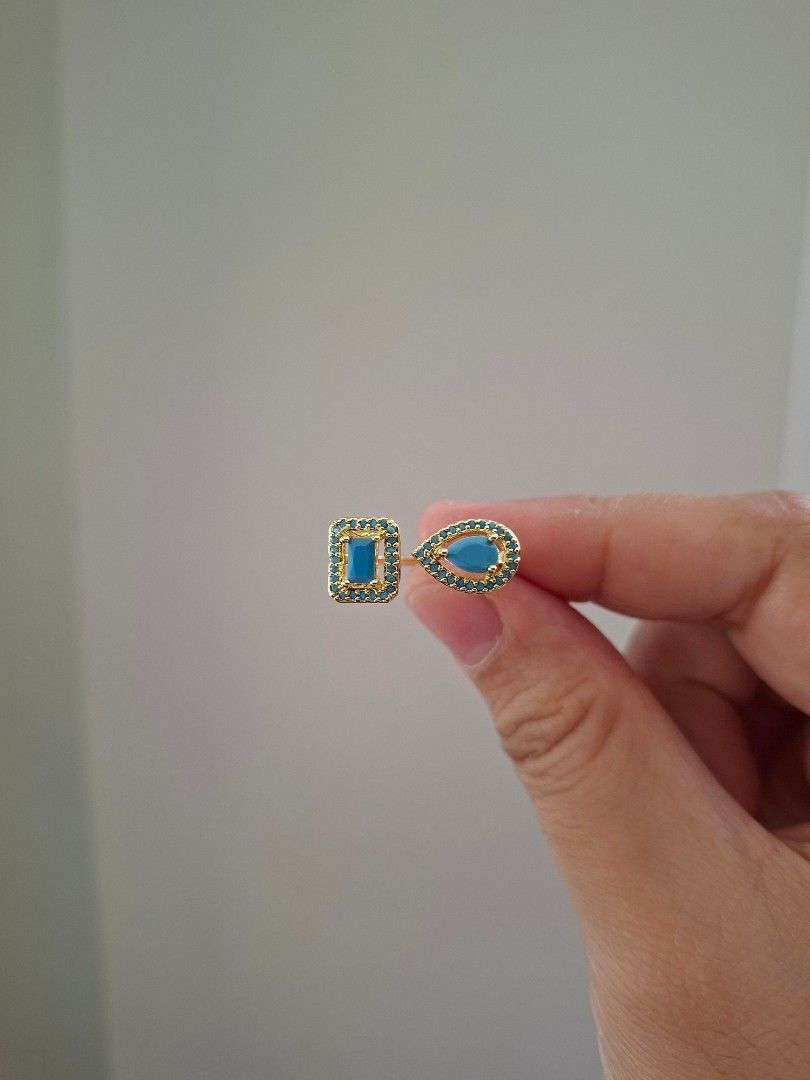 Rectangular and Pear Cut Turquoise Illusion Ring Adjustable (Category: Rings) located in Dasmarinas. Submitted by danabrie22 (Listing ID 1463194145, Image 3). Description: adjustable size 5 - 9 very well-made, excellent crafstmanship 10/10 condition brand new stainless steel & turquoise-colored zirconia stones made in Hongkong.
