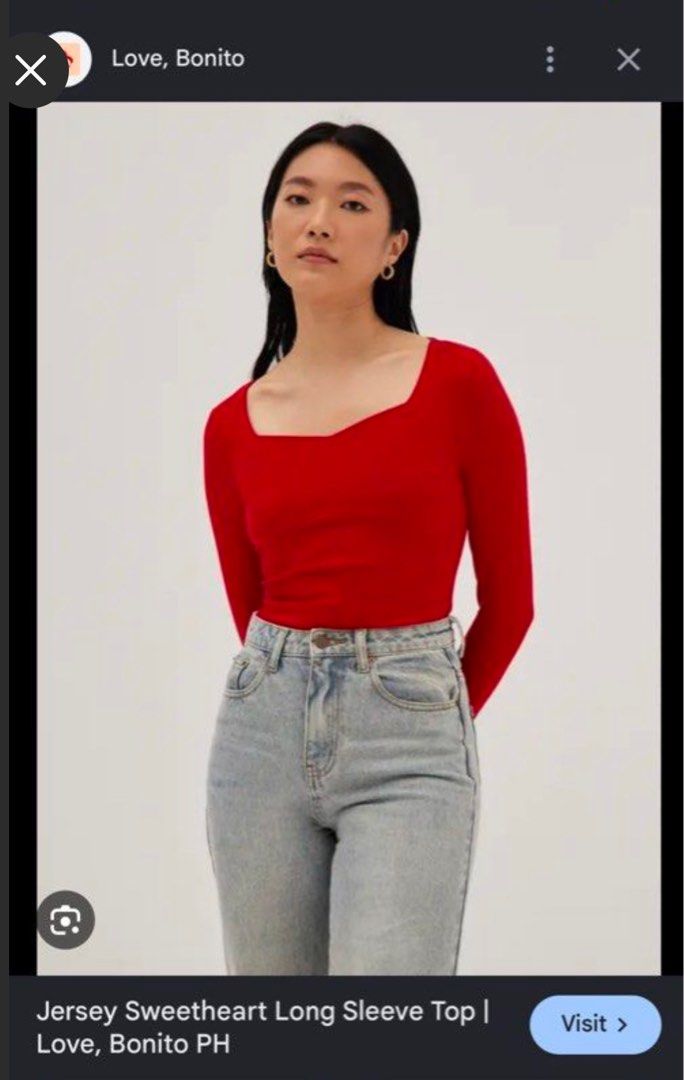 Red Longsleeves Top (Category: Longsleeves) located in Caloocan City. Submitted by bea_d_ (Listing ID 1463183462, Image 1). Description: Selling this Red Long Sleeves Top Brand: Love, Bonito Size: L Sweetheart neckline longsleeves top in size L. Rfs: decluttering Message me for more details.