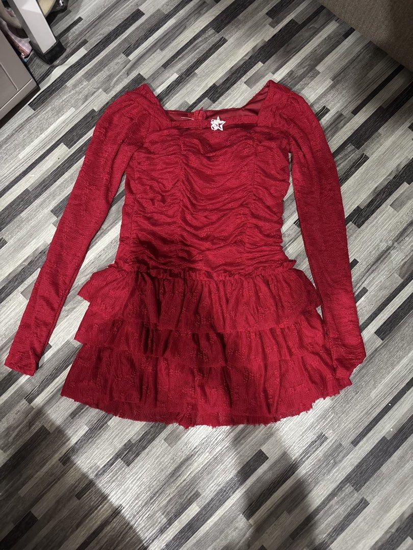 Red Ruched Square Neck Tiered Mini Dress (Category: Dresses) located in Caloocan City. Submitted by niki.niki. (Listing ID 1463198809, Image 1). Description: - Adorable red mini dress - Flattering ruched bodice - Chic square neckline - Elegant long sleeves - Fun tiered ruffled skirt - Unique textured fabric - Cute star detail at neckline - Ideal for night outs and parties.