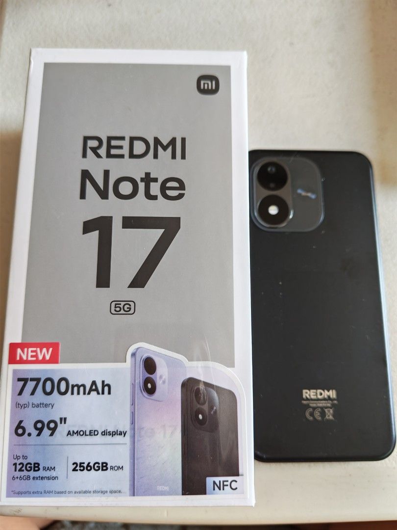 Redmi note 17 5G 6gb + 256gb black (Category: Xiaomi) located in Pasay City. Submitted by jedi_1972 (Listing ID 1463139313, Image 1). Description: Good as brand new. Opened box for video and photo use for promotion only. Never been used. Comes with all accessories intact. Srp is P18,999 selling less 20% .