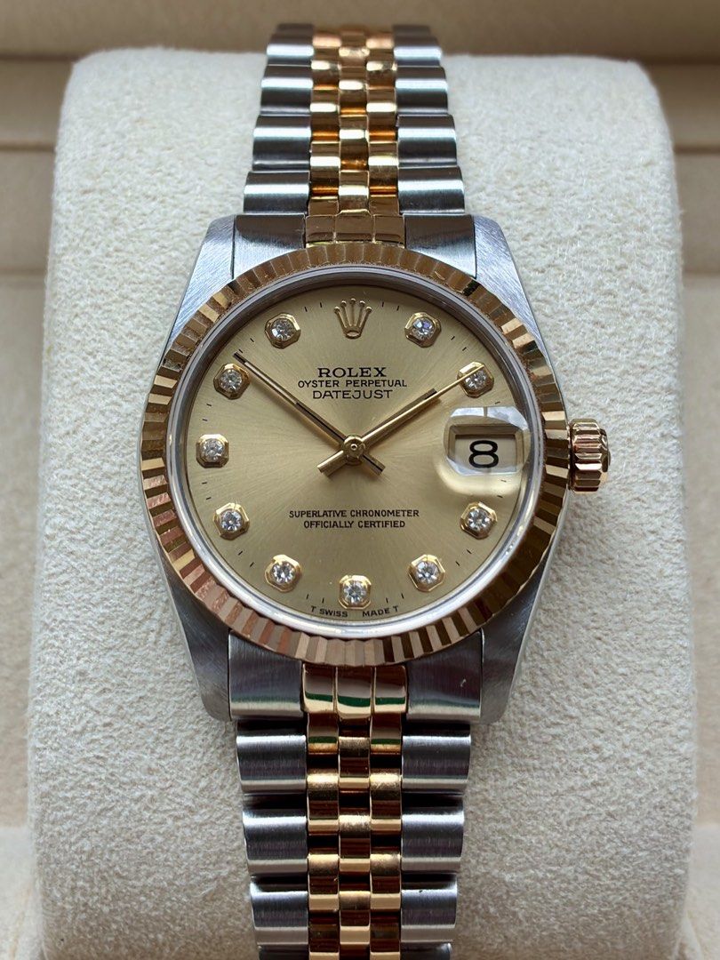 Rolex Datejust 31mm (Category: Women's Watches) located in Cebu City. Submitted by cebluxxe_watches (Listing ID 1463249166, Image 2). Description: Rolex Datejust 31mm 68273 Year 1994 Two Tone Yellow Gold With Big diamonds Complete set (Red Box & Rolex Cert) Very Mint / Excellent condition Serial number ending in 88 (lucky number) DM for inquiries! ✅ Always Open for re-authentication ✅ Trades accepted ✅ 6 months warranty on movement ✅ 100% Money b