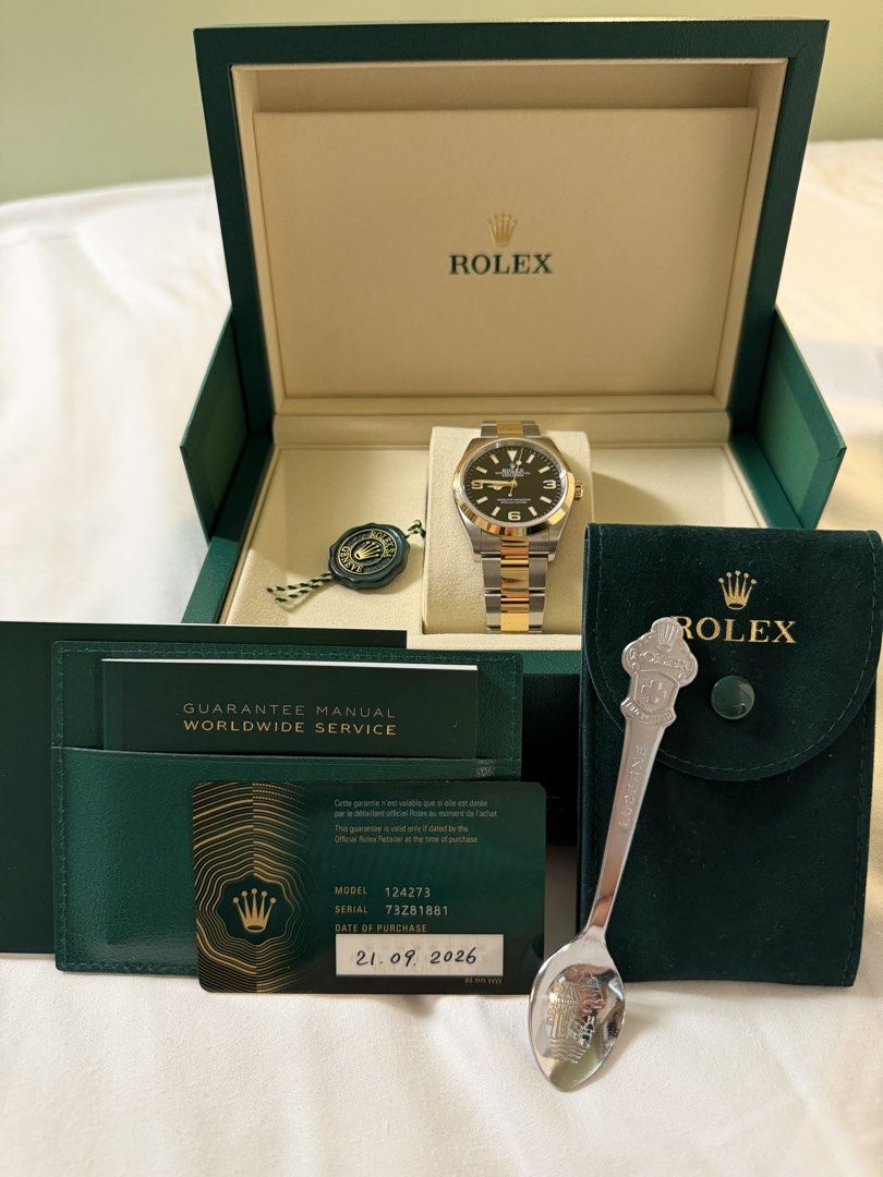 Rolex Explorer Two-Tone Watch Sept2026 (Category: Luxury Watches) located in Binan City. Submitted by collector_28 (Listing ID 1463308141, Image 2). Description: - Rolex Explorer Watch - Two-tone stainless steel and gold casing - Classic black dial - Comes with original box - Includes warranty card, valid for 5 years - Manual included - Foreign AD (Lucerne) - Special edition Rolex Lucerne spoon as a bonus!.