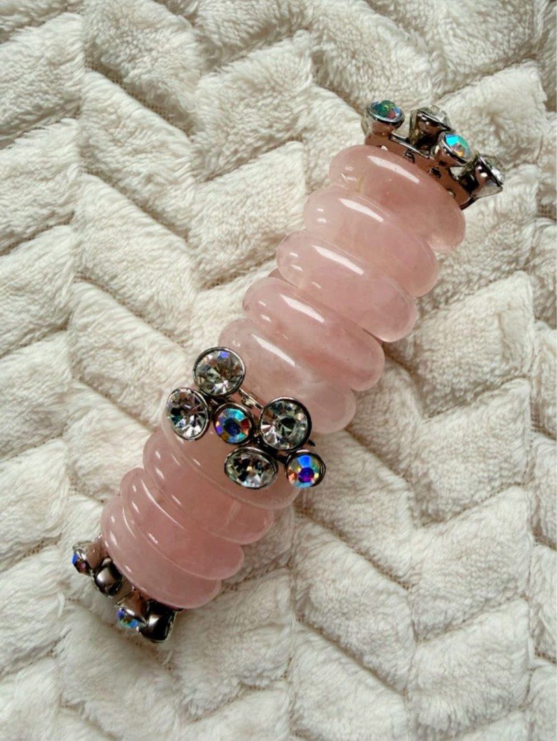 Rose Quartz Bracelet (Category: Bracelets) located in Quezon City. Submitted by liezl.marie (Listing ID 1463165300, Image 3). Description: A chunky natural rose quartz ribbed stretch bracelet accented with rhinestone-studded spacers. - For small to large wrist size 3,200 Open for layaway..