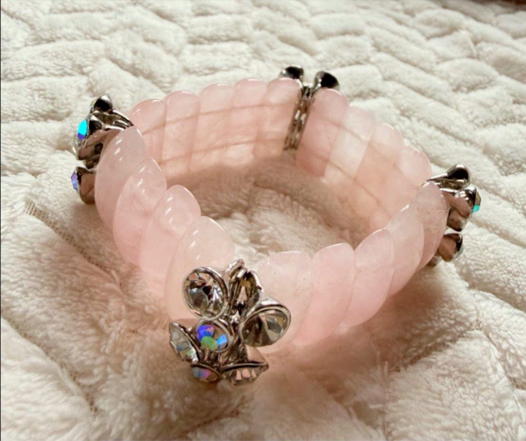 Rose Quartz Bracelet (Category: Bracelets) located in Quezon City. Submitted by liezl.marie (Listing ID 1463165300, Image 1). Description: A chunky natural rose quartz ribbed stretch bracelet accented with rhinestone-studded spacers. - For small to large wrist size 3,200 Open for layaway..