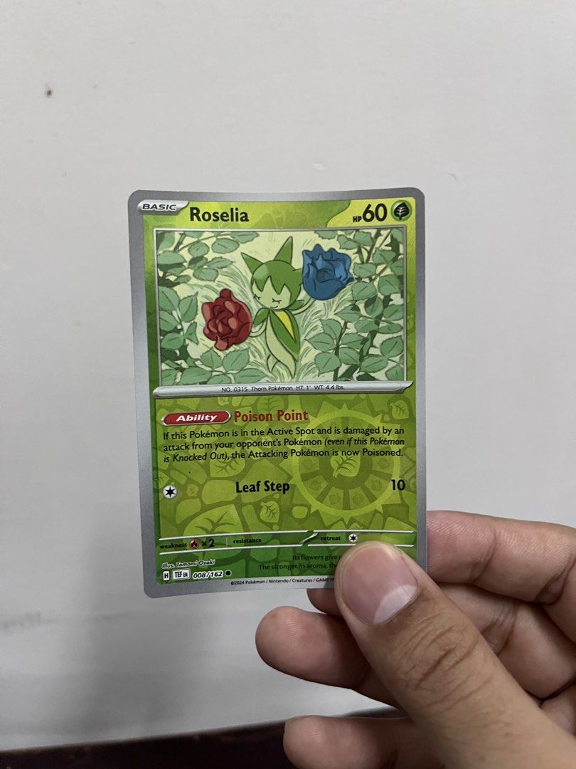 Roselia Pokemon Card - Basic, Poison Point Ability (Category: Raw Singles) located in Pasay City. Submitted by paullimerized (Listing ID 1463145917, Image 1). Description: - Roselia Pokemon Card - Card Number: 008/162 - Ability: Poison Point - Attack: Leaf Step - Ideal for collectors and players alike!.