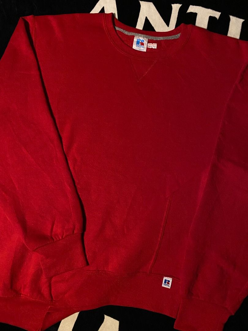 Russell athletic red sweater (Category: Tshirts & Polo Shirts ) located in Las Pinas. Submitted by all_details_posted (Listing ID 1463142980, Image 1). Description: pwede pa as new, minimal dot lints.