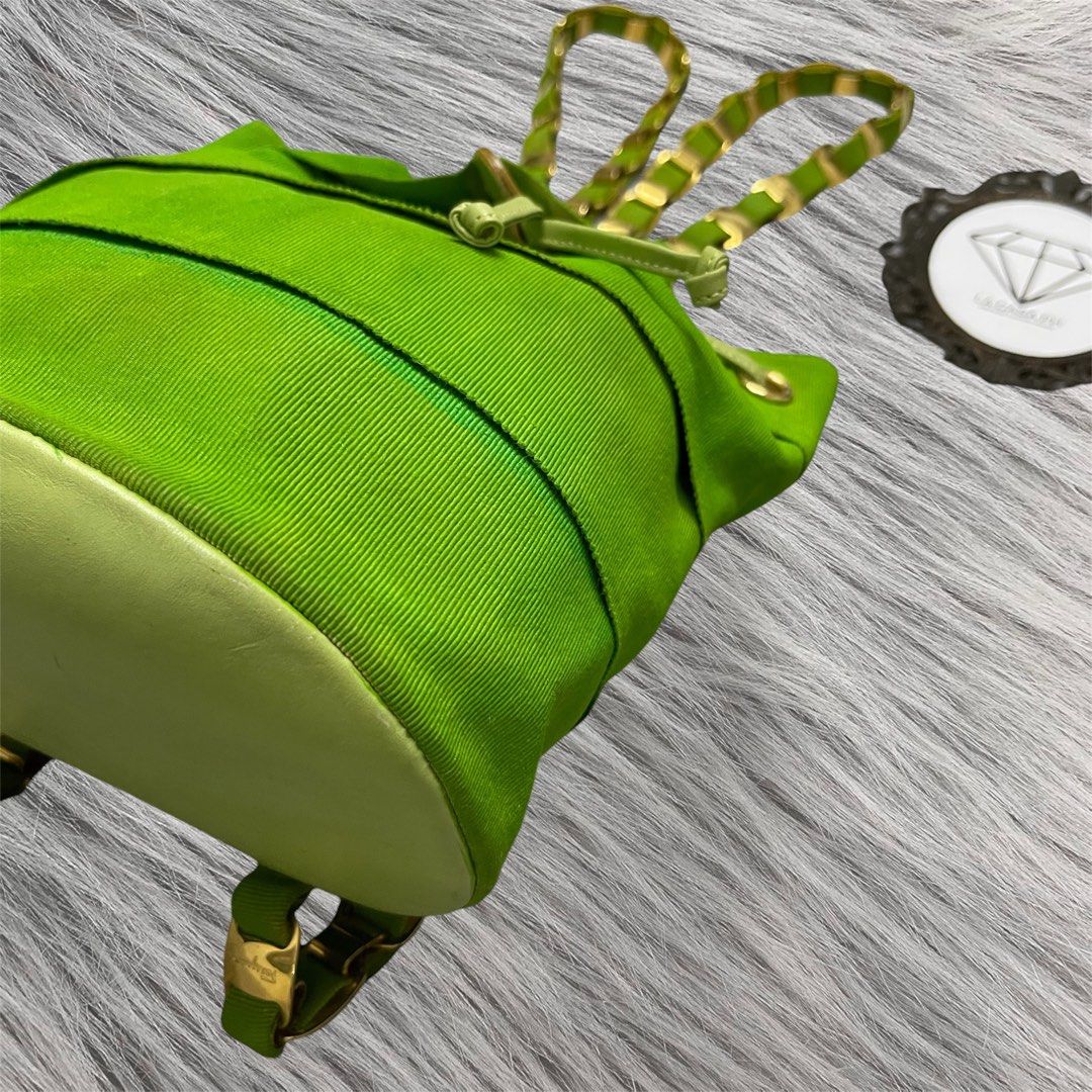 SALVATORE FERRAGAMO Sage Grosgrain Leather Chain Drawstring Backpack (Category: Luxury Bags & Wallets) located in Cagayan de Oro. Submitted by lacasaph (Listing ID 1463260409, Image 3). Description: SALVATORE FERRAGAMO Sage Grosgrain Leather Chain Drawstring Backpack • Rank AB • Small size • 9 x 7.5 inches • Goldtone hardwares • No rubs, holes, or tears • Hardware color rate: 9/10 • Minimal dirt as signs of use • Enhanced / retouched color 🏷️ ₱4