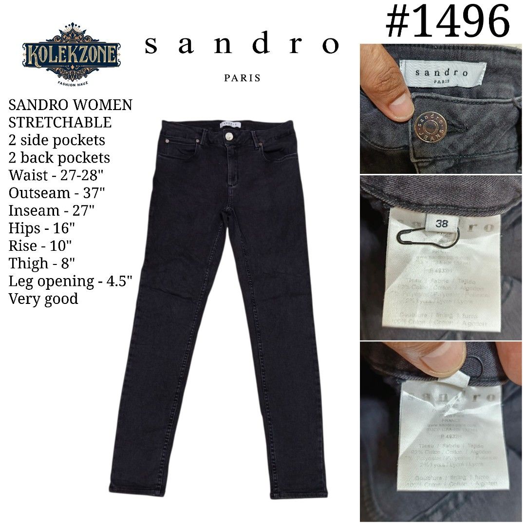 Sandro Paris Women Stretchable Jeans - Size 38 (Category: Jeans) located in Nasugbu. Submitted by staffpicks1515 (Listing ID 1463244871, Image 1). Description: - Sandro Paris dark wash stretch jeans - Comfortable cotton and lycra blend - Waist: 27-28 inches - Inseam: 27 inches - Hips: 16 inches - Rise: 10 inches - Thigh: 8 inches - Leg Opening: 4.5 inches - Features 2 side and 2 back pockets - Ideal for everyday wear.