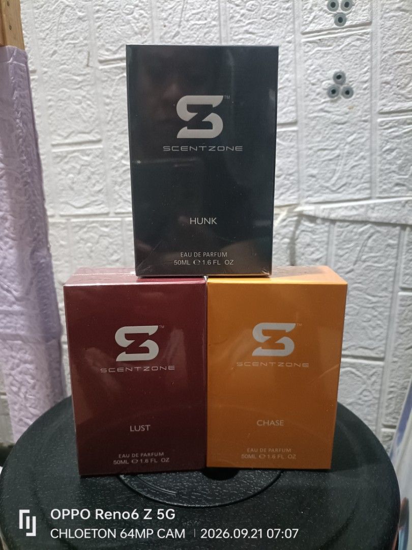 ScentZone Eau de Parfum for Men - Hunk, Lust, Chase (Category: Fragrance & Deodorants) located in Manila. Submitted by arnonjedin93257 (Listing ID 1463231488, Image 1). Description: FOR SALE BRANDNEW SEALED 250 EACH - Set of 3 ScentZone Eau de Parfum bottles - Scents included: Hunk, Lust, and Chase - Each bottle is 50ml (1.6 fl oz) - Ideal for personal use or as a thoughtful gift - Excellent value for money.